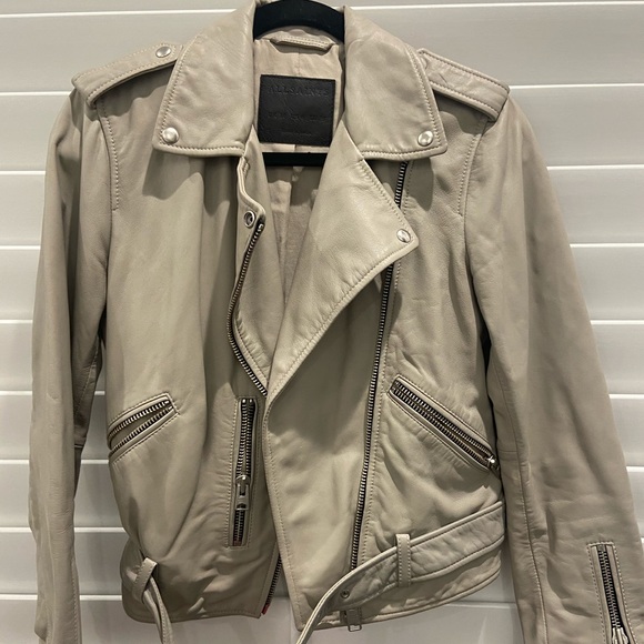 All Saints Light Taupe Leather Moto Jacket - Picture 4 of 8